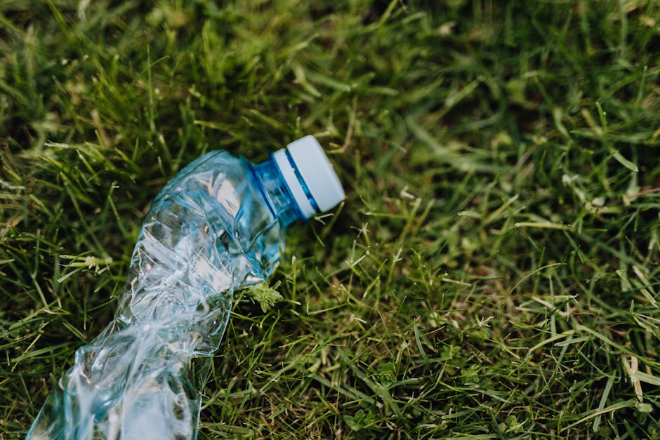A clear plastic water bottle with a white screw cap lies discarded on a patch of green grass. The bottle is partially crushed with visible ridges and a glossy surface that reflects light. The grass surrounding the bottle is dense, with a mix of fine and coarse blades, some slightly bent or overlapping, indicating a natural outdoor environment. In the background, the grass continues with no other visible objects or debris. The lighting appears natural, evenly illuminating the scene without harsh shadows, emphasizing the contrast between the transparent plastic and the vibrant green of the grass. This image exemplifies common litter found during waste collection activities, highlighting the importance of proper rubbish disposal and the role of independent rubbish clearance services in maintaining outdoor cleanliness. The scene is neutral and factual, focusing solely on the visible waste item within an outdoor setting, supporting themes related to rubbish removal and environmental upkeep.